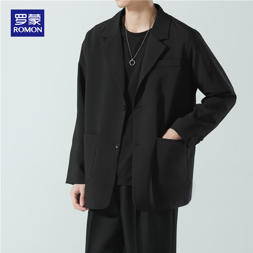 ROMON suit men's spring and autumn trendy loose lapel business single suit casual small suit jacket black XL