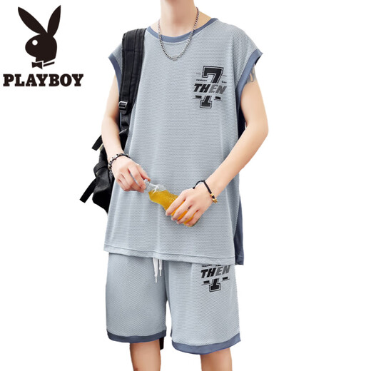 花花公子（PLAYBOY）冰丝无袖t恤男孩12-15岁青少年学生速干篮球服13大童背心运动套装 6636深灰(背心+短裤) 品质保证 L 100-120斤左右