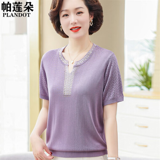 Kuzhang (Kuzhang) 2025 NUEVA MADRE SUMMER Camiseta de punto de su verano Traje de manga corta de verano de mediana edad de mediana edad y anciana