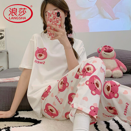 浪莎轻奢睡衣女款纯棉夏季短袖长裤夏天薄款夏款玉桂狗春秋可爱家居服 JZM-6625爱心 XL