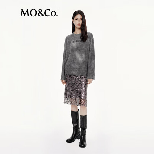 Mo/co. [C+ Series] Юбка 2025 Осенью новые продукты Seiko Sequin Beadered Patching Art MBE3SKT036 Silver Grey S S