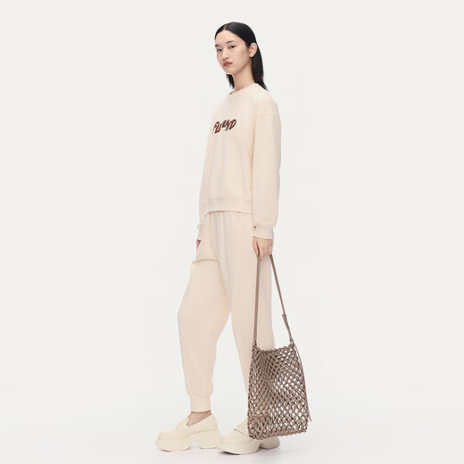 AUM Easy Suit 2025 Autumn New Cotton Feel Loose Shape Embroidered Sweatshirt Casual Pants Off-White Top S