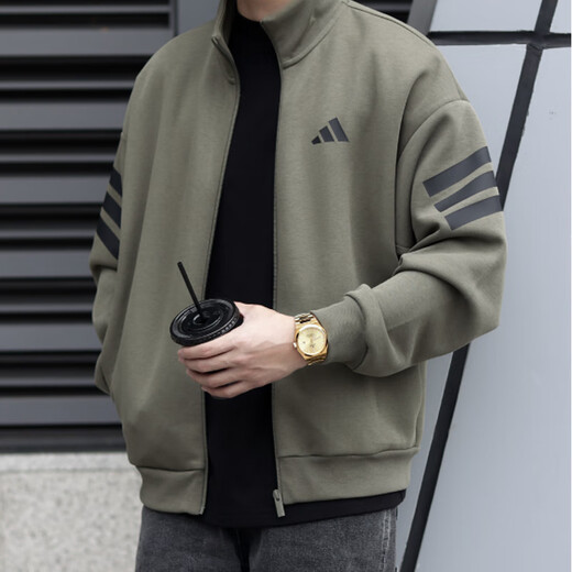 阿迪达斯 （adidas）外套男装2025春秋季新款运动服针织立领男士上衣夹克JD4885 JD4887橄榄绿 L