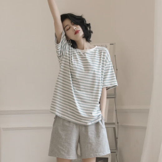 都市丽人2025年新款睡衣女夏季纯棉短袖两件套夏天条纹家居服 YZT9859 M 女款建议80100斤