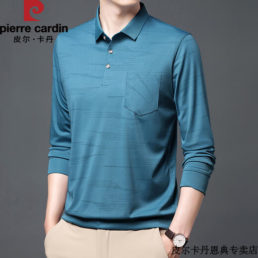 皮尔卡丹男士长袖T恤夏季翻领上衣真口袋有兜条纹宽松男装冰丝POLO.衫 B753波浪 蓝色 M 165/105/48 建议90-120斤拍