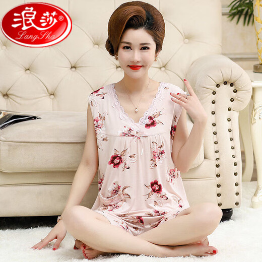 浪莎纯棉睡衣女款无袖吊带背心短裤韩版中老年妈妈夏季薄款全棉家居服 9721开衫 M 适合80-100斤