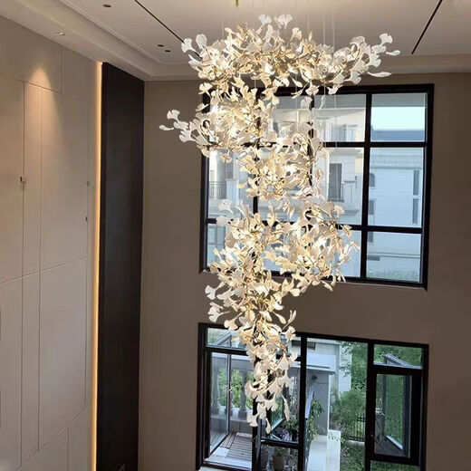Duplexgebäude Große Kronleuchter Dachboden Treppenleuchten leichte Luxus Villa leerer Schleppboden Wohnzimmer Lobby Verkaufsabteilung Lampe Schlafzimmer Plastik Porzellan Ginkgo Blätter 12035 cm