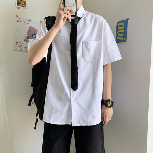【宽松韩版】夏季领带短袖白衬衫男泰国学院风衬衣百搭上衣服学生 WB-C18【白色】 L