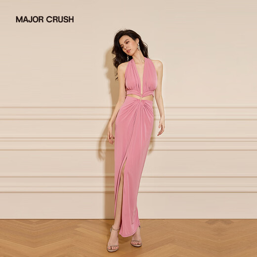 MAJOR CRUSH法式粉色挂脖连衣裙露腰设计感性感轻奢包臀长裙优雅修身时尚6194 粉色 M (106-115斤)