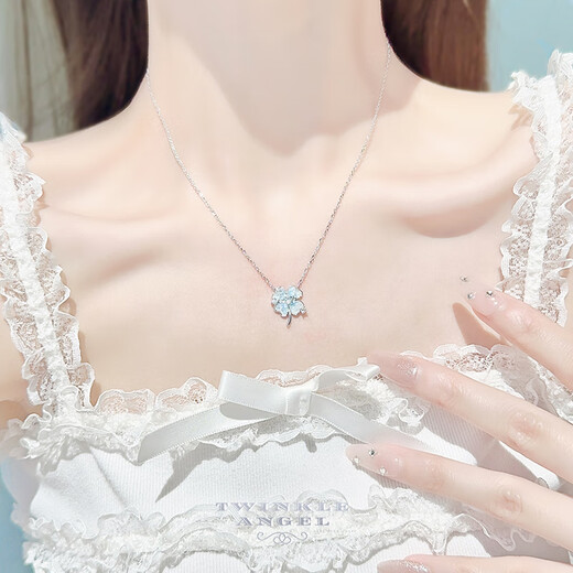 Twinkle Angel luminous four-leaf clover necklace female shell sweet girl bow clavicle chain Valentine's Day birthday gift for girlfriend ice blue four-leaf clover necklace