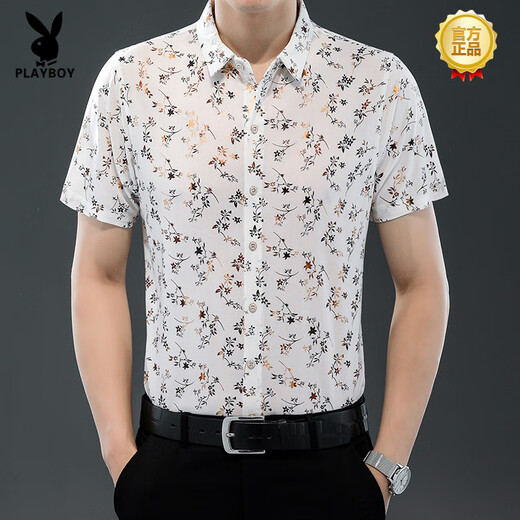 Playboy (Playboy) High-End 25 Sommer Neuem Hemd für kurze Ärmel Ice Seide dünn bedrucktes Hemd Modetrend lässig Daddy Anzug 9898 Gold M 165