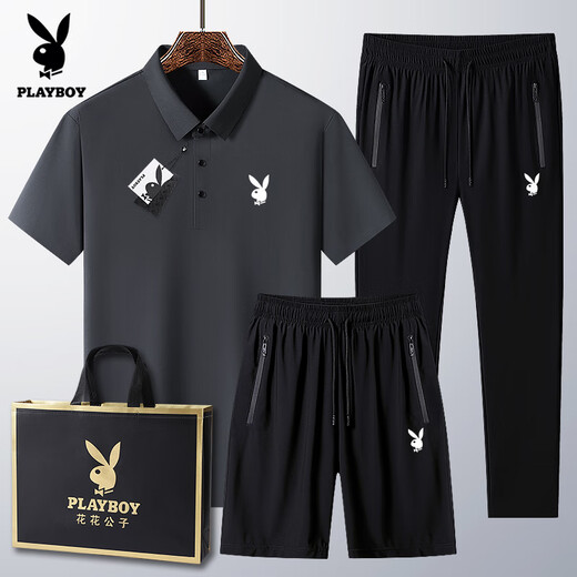 Playboy (PLAYBOY) dad summer suit for middle-aged and elderly casual ice silk POLO. shirt short-sleeved T-shirt 40-60 years old clothes Medium gray 6629 [shorts] suit M wear 95-110Jin [Jin equals 0.5 kg]