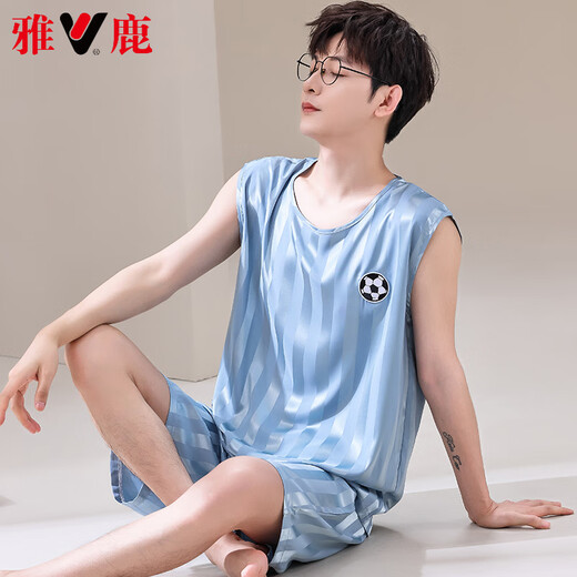 雅鹿轻奢睡衣男款背心无袖短裤两件套装夏天薄款冰丝凉感速干球服大码 【冰丝无袖套装】 Q9905 L 男【100-125斤】