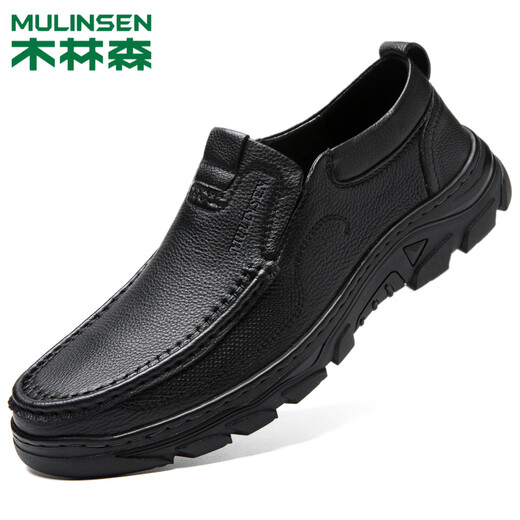 MULINSEN men's toe-layer cowhide business casual shoes, thick sole wear-resistant middle-aged dad shoes 19215