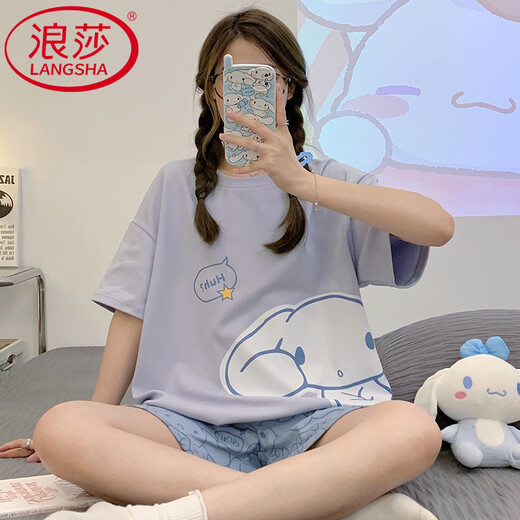 Langsha Pajamas de alta gama para mujeres en verano delgada de algodón puro de algodón puro estilo princesa linda se puede usar afuera con juego de ropa para el hogar de gran tamaño LS5009 Set corto M Peso de las mujeres 70-95 Jin [Jin equivale a 0.5 kg]
