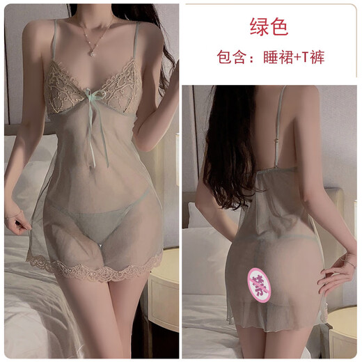 瑰若（Gui Ruo）DZ情趣内衣大码网纱透视吊带睡裙蕾丝拼接外袍制 3883绿色（睡裙+T裤 M