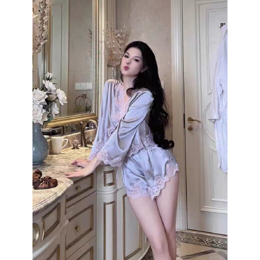 Sexy ice silk satin pajamas for women in summer 2025 new pure lace long-sleeved shorts home clothing set summer style 829# suspender S recommended 80-90Jin [Jin equals 0.5 kg]