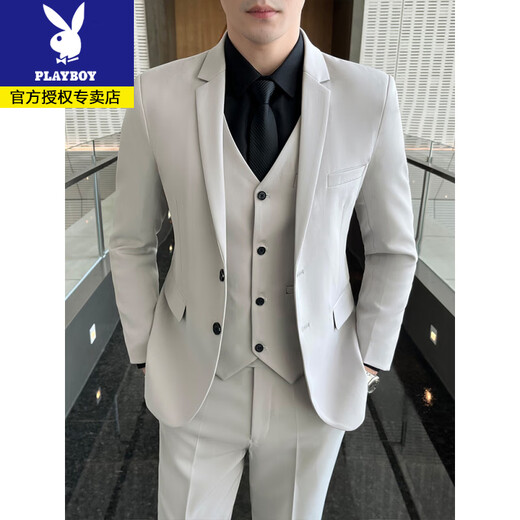 Playboy Men's Suit Suit Casual Business Professional Formal Wear Korean Style Groom Wedding Suit Jacket Slim Groomsman Dress Two-button Black Suit + Vest + Pants + Shirt Free 2XL (135~150Jin Jin is equal to 0.5kg)