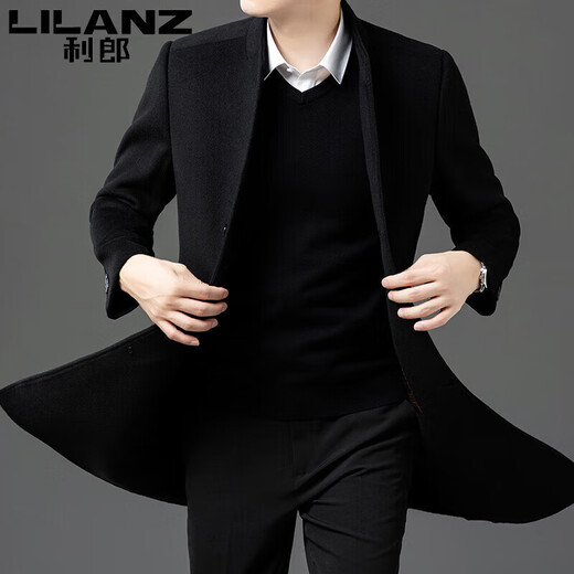 Lilan Men's Goose Down Liner Double-sided Cashmere Coat Men's Medium Long Stand Collar Wool Woolen Coat Thickened Black/Removable Goose Down Liner 3XL 190 Recommended 165-180 Jin Jin equals 0.5 kg