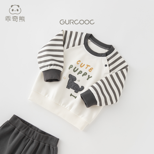 乖奇熊宝宝秋冬季纯棉抓绒分体套装婴儿童保暖卫衣上衣服裤子两件套春秋