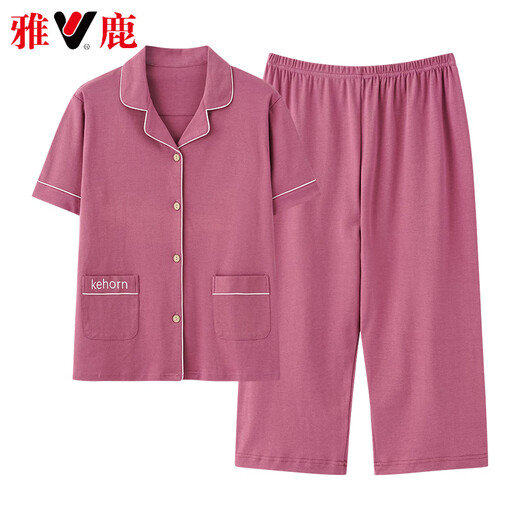 雅鹿高档2025新款睡衣女夏季纯棉短袖七分裤夏天宽松大码开衫家居服 NX9898 XL