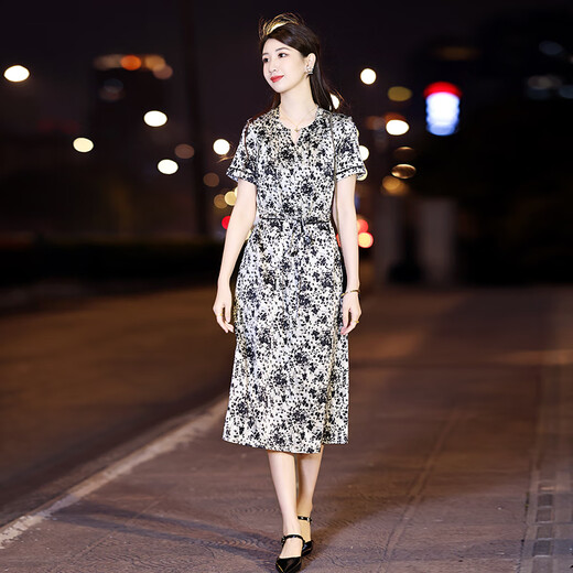 Homesee overseas light luxury high-end dress printed silk dress for women short-sleeved mid-length version temperament waist-hugging mulberry silk skirt picture color 2XL 121-130Jin [Jin equals 0.5 kg]