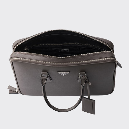 PRADA/Prada gift men's shoulder strap double zipper Saffiano cow leather briefcase bamboo/cork beige