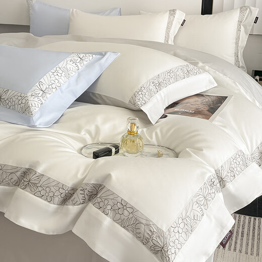 Hengyuan high-end 100-count long-staple cotton solid color bed four-piece set Class A pure cotton quilt cover quilted fitted sheet high-end Nolan-white powder fitted sheet 1.8m quilted four-piece set