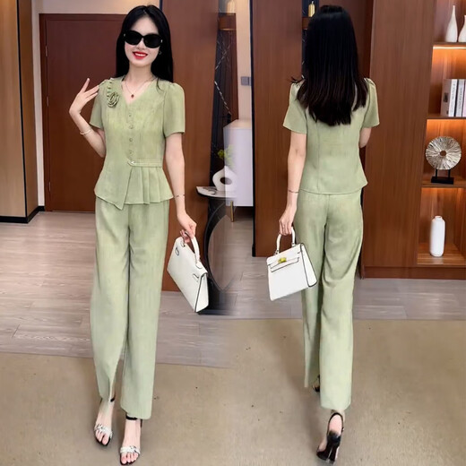 忻依美时尚气质套装女2025新款夏季时髦洋气显瘦V领短袖阔腿裤两件套 浅绿色 M 【85-100斤】