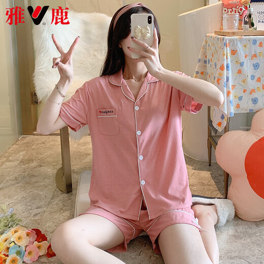 雅鹿高档2025新款睡衣女款夏季纯棉短袖短裤夏天少女生夏款女士家居服 12347带胸垫 L 100-115