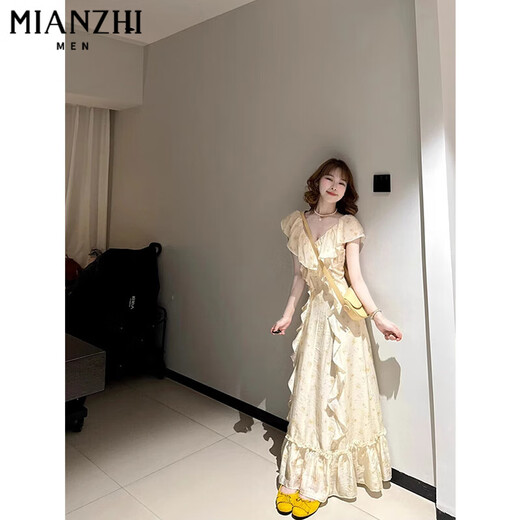 棉致法式荷叶边v领黄色碎花连衣裙女夏季2025新款温柔气质收腰长裙 405图片色【高品质42.5】 L 100-115斤