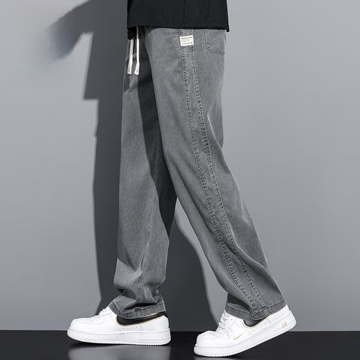 森马夏季薄款冰丝牛仔裤男生休闲裤宽松直筒阔腿春秋款天丝男裤 1048#灰色+黑色. M  90-115斤