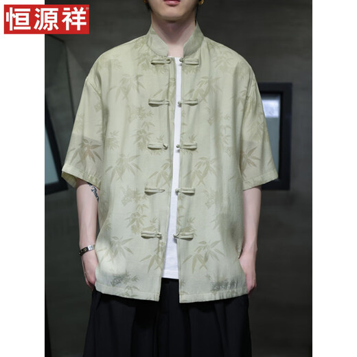 恒源祥夏季轻薄款短袖衬衫新中式古风盘扣唐装男装中国风竹叶上衣中山装 CS9898白色 M