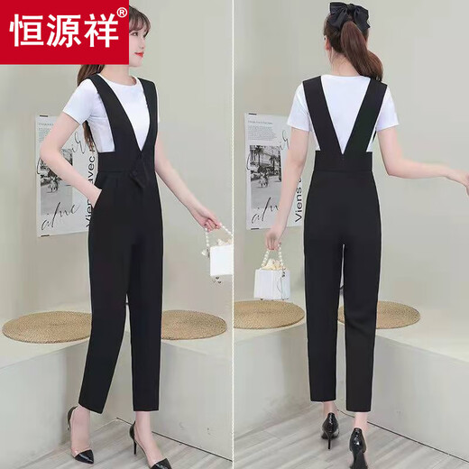 恒源祥背带裤套装女2025年夏季新款时尚洋气减龄高腰背带直筒裤两件套 黑色【两件套】 M 建议80-100斤