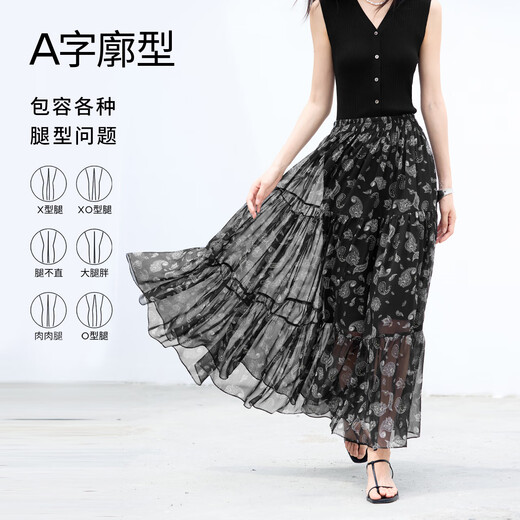 Eifli (eifini) Eifli's light and flowing waist beef tendon black cashew flower long cake skirt for women 2025 summer new style snow crystal black M