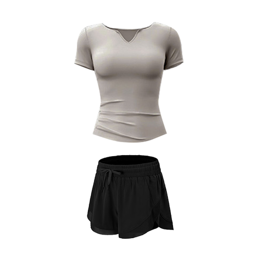Bo Naling Yoga Wear Outdoor Sports Suit Women's Fitness Running Wear Pilates Loose Slimming Short Sleeve Elastic Quick-Drying Clothes Summer Short Sleeve Yoga Wear Suit Gray + Black M