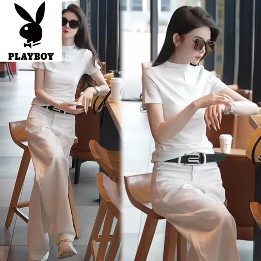 花花公子（PLAYBOY）时尚牛仔裤套装女2025夏季新款高腰显瘦百搭休闲直筒阔腿裤两件套 【蓝色上衣+白色裤子】-旗舰款 L _建议110-120斤