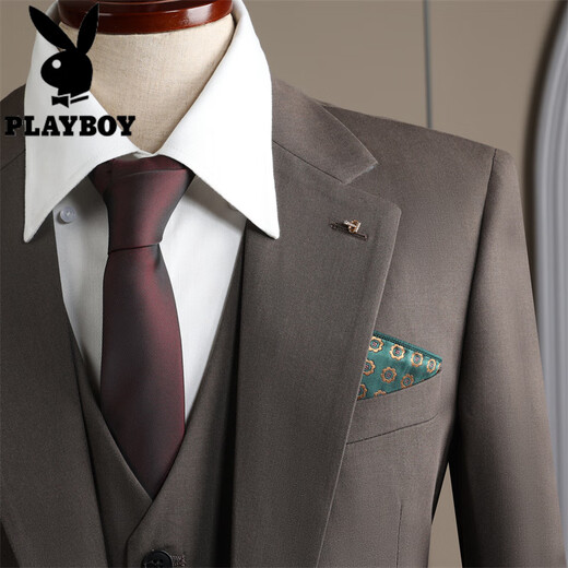 Playboy Suit Men's 2025 Winter Thick Business Professional Formal Wear British Fashion Groom Wedding Suit High-end Tea Gray Three-piece Suit L 50