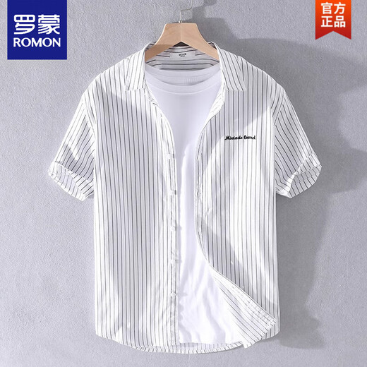 罗蒙（ROMON）男士条纹衬衫短袖宽松夏季薄款日系休闲百搭纯棉衬衣夏装衣服 9740白色 3XL 160斤左右