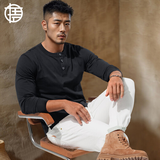 Enlightenment 280G heavy-weight Henley shirt men's long-sleeved T-shirt Henley collar slim-fit pure cotton solid color bottoming shirt for autumn and winter outer wear off-white M (100-130Jin Jin is equal to 0.5 kg)
