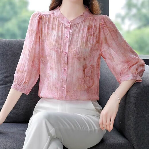 New summer loose belly-covering temperament chiffon shirt for women with three-quarter sleeves shirt floral stand-up collar top for women pink 3XL [recommended 130-140Jin [Jin equals 0.5 kg]]