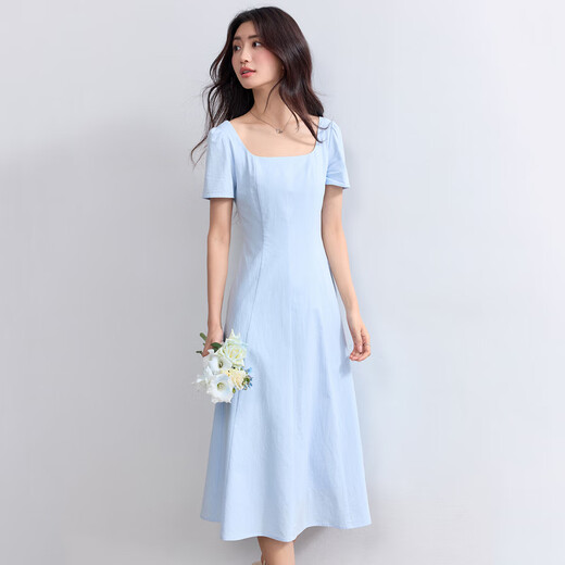 
Shangdubila 100% cotton A-line dress for women in summer, slim waist-hugging suspender skirt square collar casual midi skirt
