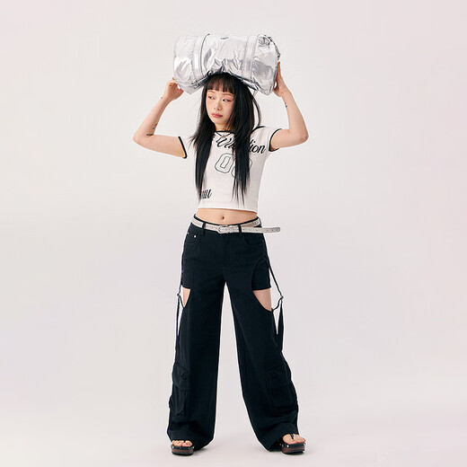 Chuu Hollow Wide-Beine-Freizeithose für Frauen 2025 Sommer Neues Produkt gefälschte zweiteilige Spleißhänge-Hänge-Taschen-Langhose Black 26