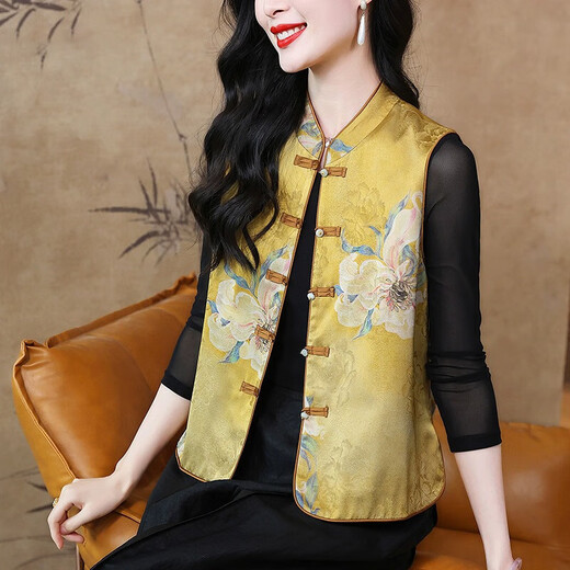 New Chinese style retro vest for women 2025 early spring new style Western-style stand-up collar buckle fashion waistcoat top yellow 2XL