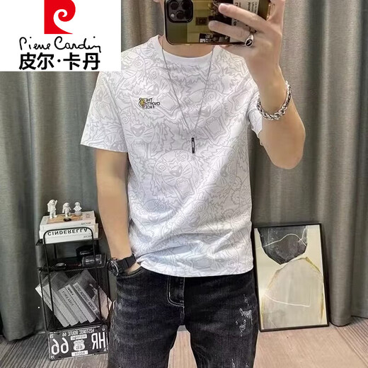 皮尔卡丹（pierre cardin）短袖t恤男2025夏季新款男士满身卡通印花修身半袖棉t汗衫上衣 829短袖黑色 M