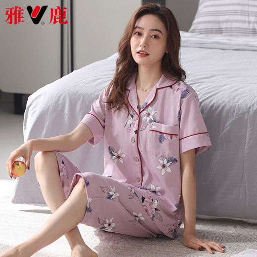 雅鹿高档2025新款睡衣女夏季纯棉短袖七分裤夏天宽松大码开衫家居服 NX9898 XL