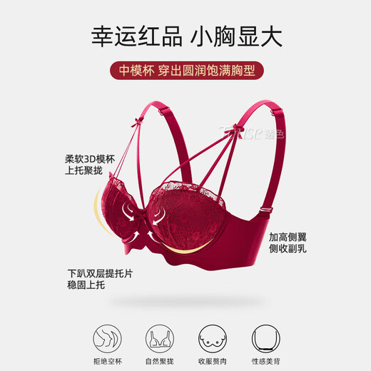 Triumph (Triumph) red underwear for women in the zodiac year, small breasts are pushed up to make them look bigger, and secondary breasts are pushed up, wedding new year sexy lace bra set, rose red - set 75B 34 (small breasts are pushed up to look bigger)