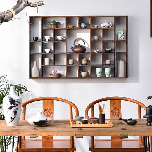 Él Jiangongbo estante antiguo de madera maciza pared china pared pared de madera sólida duobaoge taza de té tetera juego de té juego de almacenamiento de almacenamiento de pared especial 4839 gran tamaño tamaño gran tamaño
