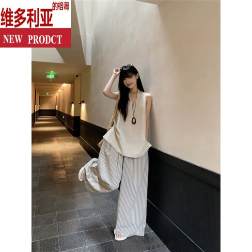 维多利亚的格调慵懒松弛感穿搭一整套休闲套装女夏挂脖v领背心条纹阔腿裤两件套 条纹阔腿裤 S