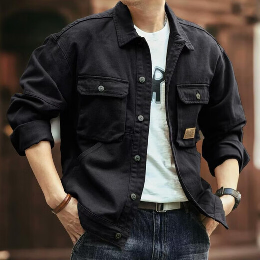American Heavyweight Retro Denim Jacket for Men Spring and Autumn 2025 New Trendy Brand Trendy Casual Spring Workwear Jacket for Men Black Regular L Recommendation 110Jin Jin is equal to 0.5kg -130Jin Jin is equal to 0.5kg